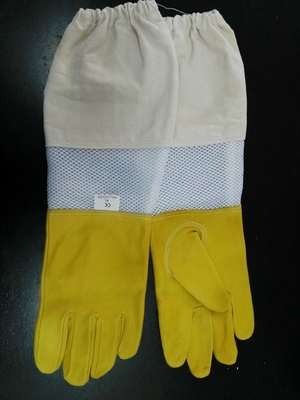 comprare Guanti gialli della pelle di pecora per apicoltura con la manica bianca del panno del polso arieggiata bianco fabbricazione online